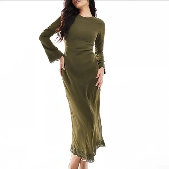 ASOS DESIGN embroidered cuff and hem maxi dress in khaki - Picture 1 of 15